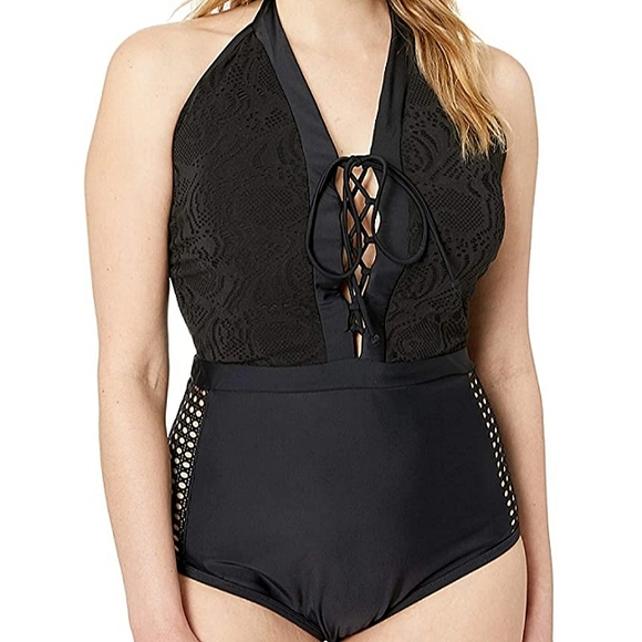 NWT COASTAL BLUE~Plus Size Halter Neck Lace Front Black Sexy Swimsuit~1X~ - Picture 6 of 14